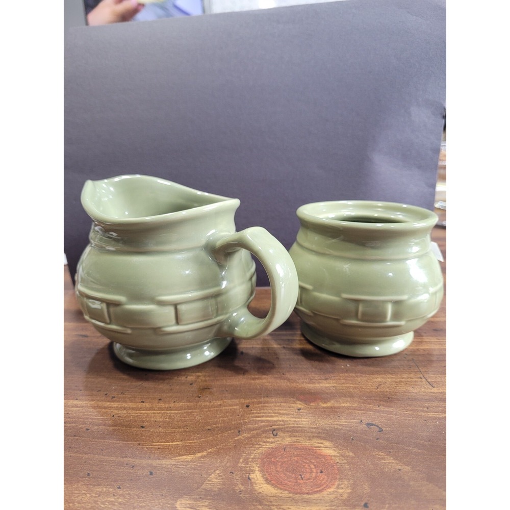 Longaberger USA Pottery Creamer & Sugar Bowl w/o lid SAGE Green Woven Traditions